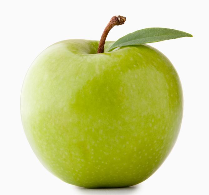 Green apple with a stem and a single leaf.