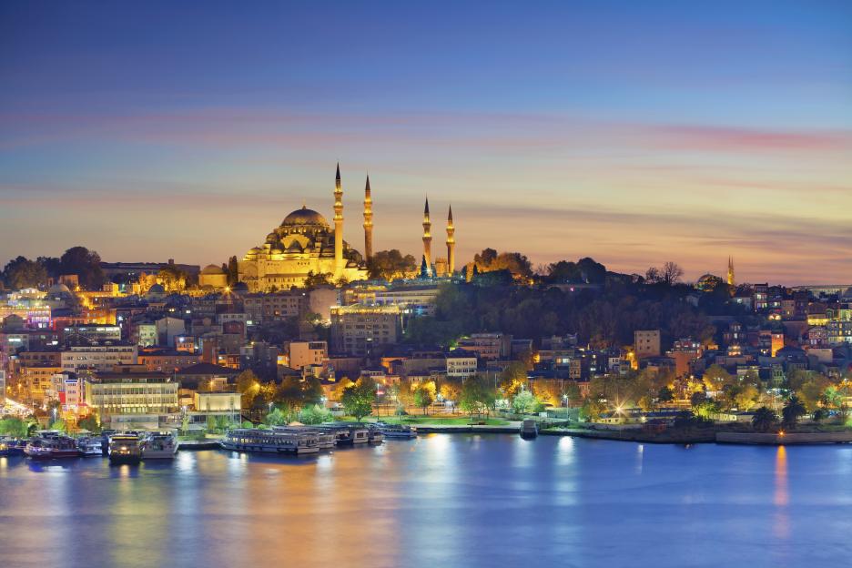 Istanbul city view at dusk with illuminated Suleymaniye Mosque.