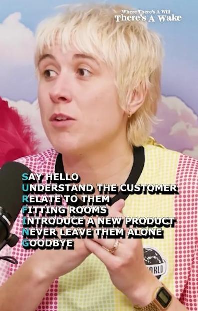A person with short blonde hair looks left as text over their body spells out the "SURFING" rule for shop assistants: Say Hello, Understand the Customer, Relate to Them, Fitting Rooms, Introduce a New Product, Never Leave Them Alone, Goodbye.