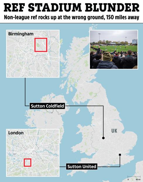Collage of a map of the UK showing "Sutton Coldfield" near Birmingham and "Sutton United" near London, with a photo of a football match.