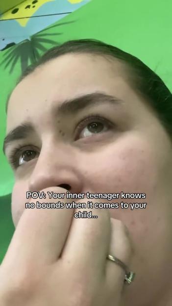 A woman in close-up with a diamond ring on her finger. Text over the image reads, "POV: Your inner teenager knows no bounds when it comes to your child..."