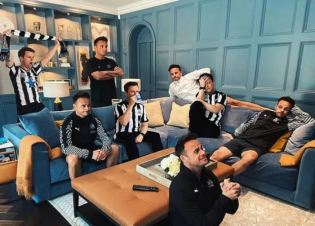 Ant and Dec (British TV presenters) watching football in various states of emotion.