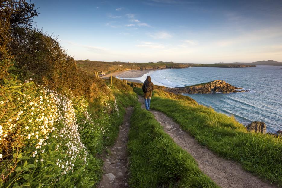 A person walking on the Pembrokeshire Coast Path towards Whitesands Bay.