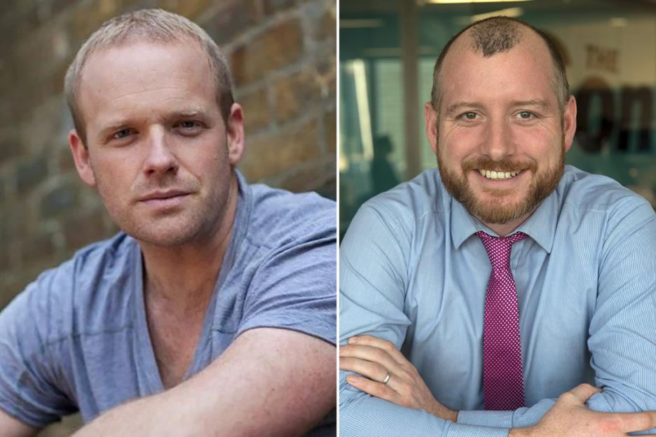 Collage of two photos of a man, one without a beard and one with a beard and a tie.