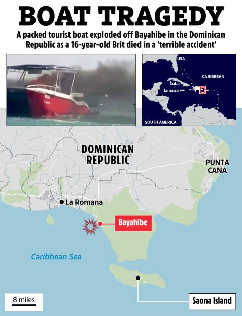 Collage of a boat explosion photo and maps showing Bayahibe, Dominican Republic, where a tourist boat exploded.