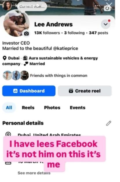 Facebook page for Lee Andrews with a pink overlay stating, "I have lees Facebook it's not him on this it's me".