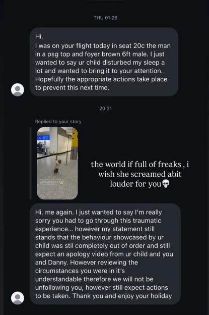 Screenshot of a message thread about a child disturbing a flight, with a reply featuring a child in an airport and another message requesting an apology video.