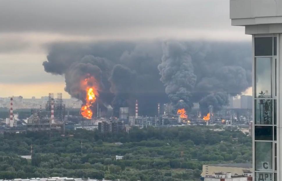 Moscow was shrouded in apocalyptic noxious black smoke today after Ukraines biggest attack of the war on the Russian capital, which targeted the the citys main oil refinery at Kapotnya.