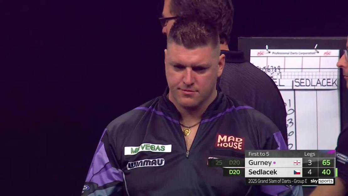 Daryl Gurney confronting the referee after losing to Karel Sedlacek in the Grand Slam of Darts.