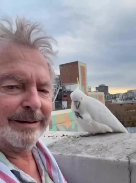 A man smiling at the camera with a cockatoo on a wall next to him.