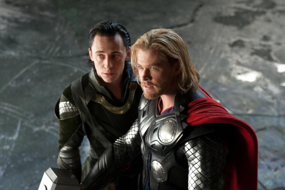 Tom Hiddleston as Loki and Chris Hemsworth as Thor.