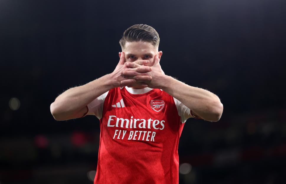 Viktor Gyokeres of Arsenal celebrates after scoring a goal.