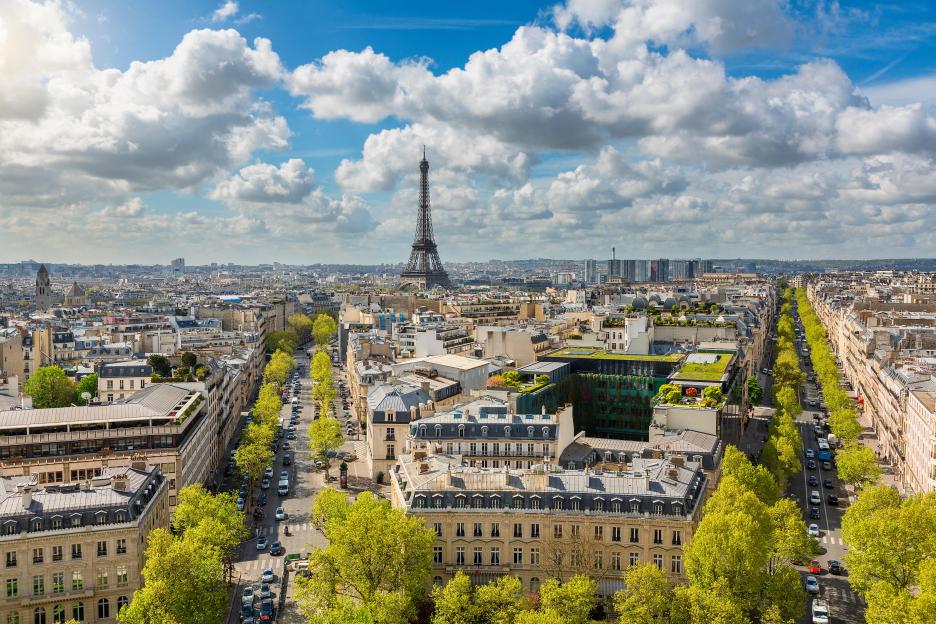 Skyline of Paris with the Eiffel Tower in the background and a tree-lined avenue in the foreground.