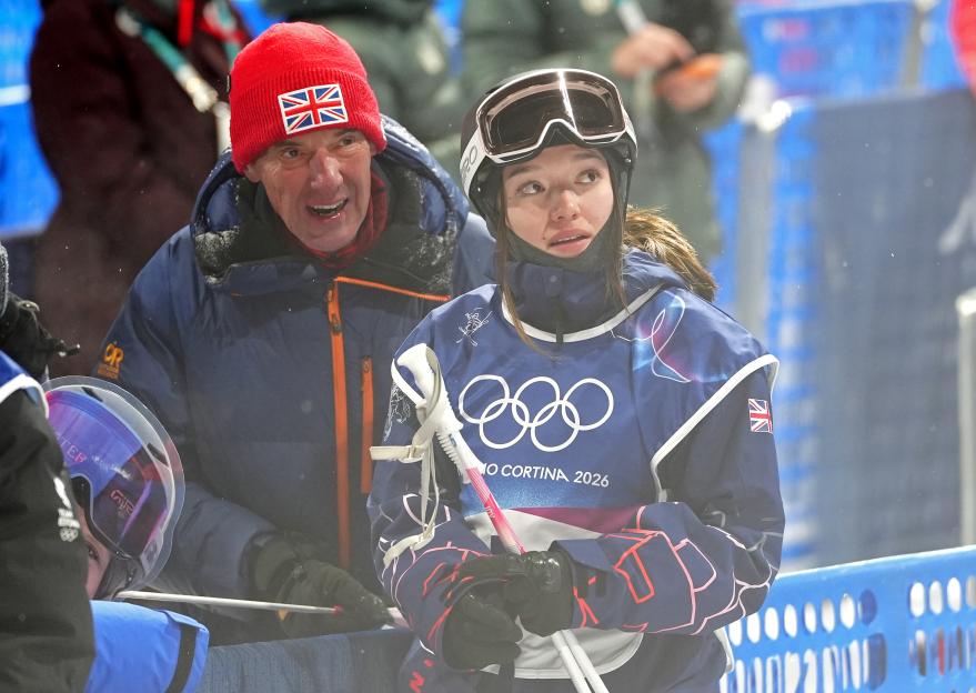 Zoe Atkin and her father Mike Atkins after a run at the Milano Cortina 2026 Winter Olympics.