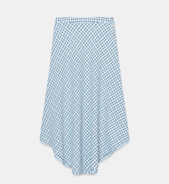 Light blue flared skirt with a black and white plaid pattern.