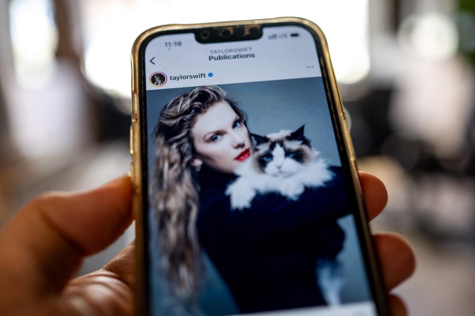 A person holding a phone displaying Taylor Swift and a cat on Instagram.