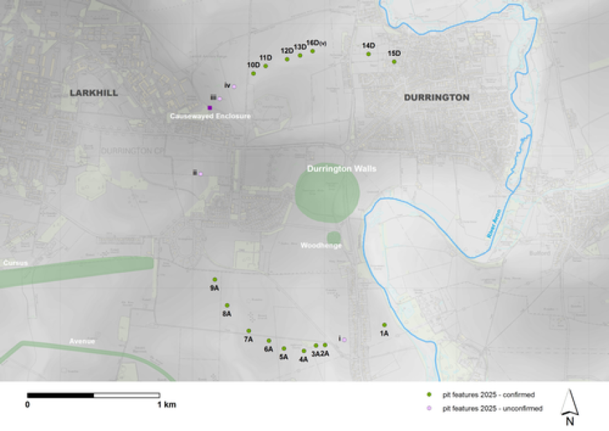 Map of archaeological pit features in the Durrington Walls and Woodhenge area, including confirmed and unconfirmed features.