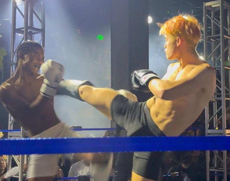Knox Jolie-Pitt in a Muay Thai exhibition bout.