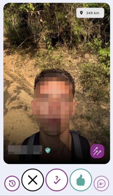 Screenshot of a sperm donation app profile with a man's face pixelated, showing distance, a verified badge, and sperm icons.