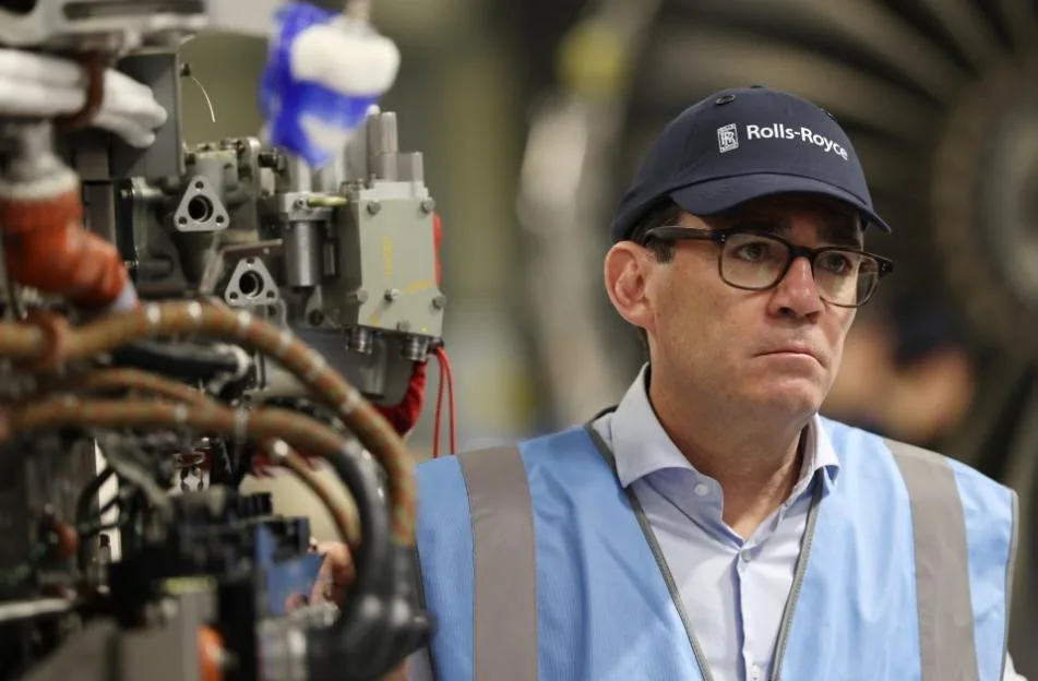 Britain's Prime Minister Andy Burnham visits the Rolls Royce factory in Derby, England.