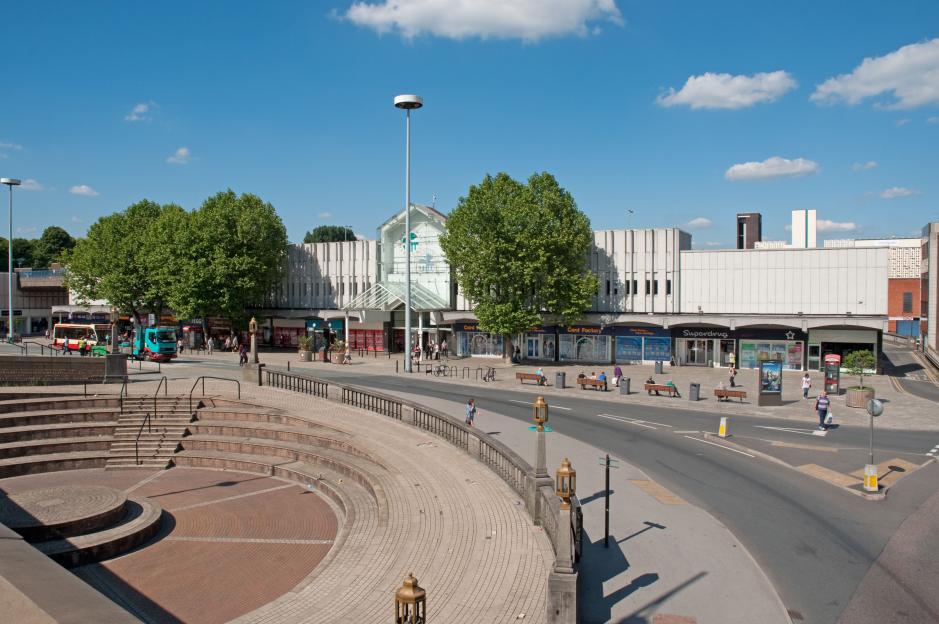 Mersey Square in Stockport, UK, with the Merseyway Shopping Centre in the background.