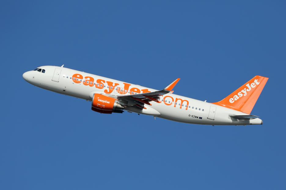 EasyJet Airbus A320 airplane taking off against a clear blue sky.