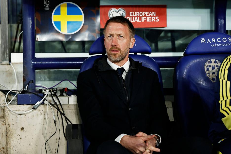 Graham Potter sitting on a bench during the 2026 FIFA World Cup European qualifiers.