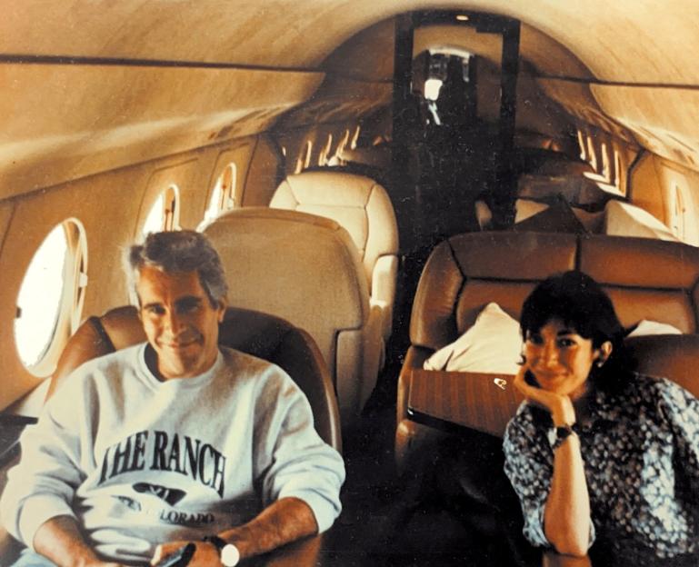 Jeffrey Epstein and Ghislaine Maxwell seated inside a private jet.