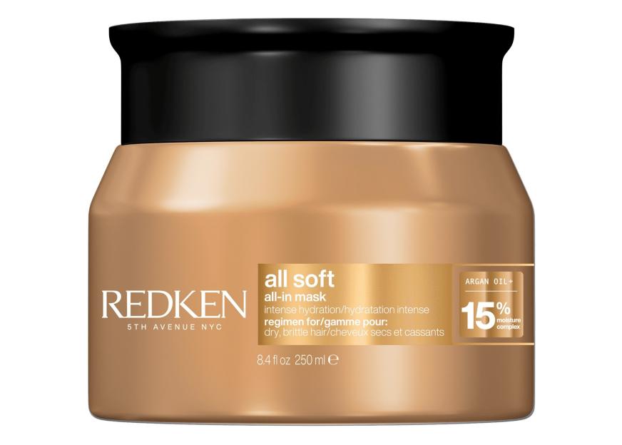 Redken All Soft All-In Mask with argan oil for intense hydration.