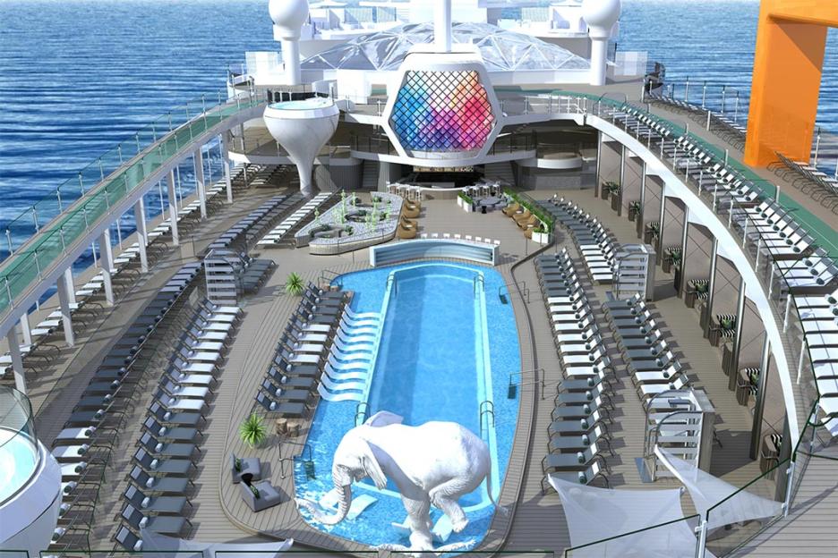 Illustration of Celebrity Beyond cruise ship deck with swimming pool and lounges.