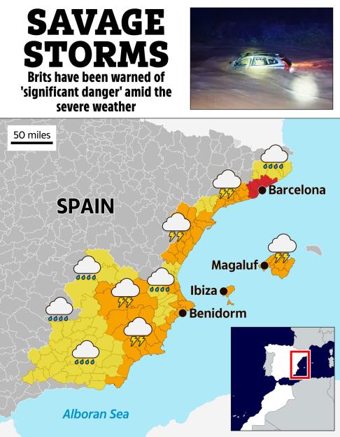 Collage of a car submerged in floodwaters and a weather map of Spain showing severe storm warnings.