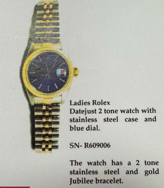 Ladies Rolex Datejust 2 tone watch with stainless steel case, blue dial, and a 2 tone stainless steel and gold Jubilee bracelet, serial number R609006.