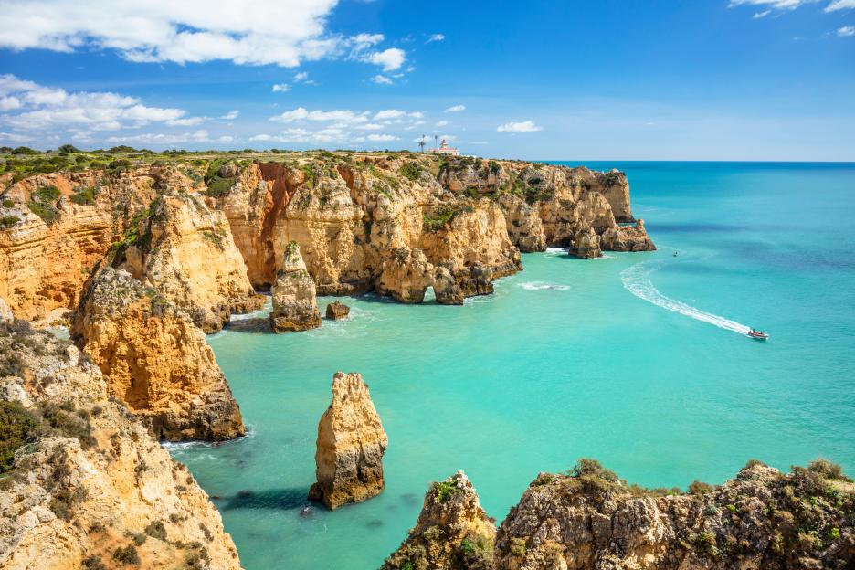 Algarve coast, Ponta da Piedade coastal rock formations with caves and grottos, and a boat tour from Lagos.