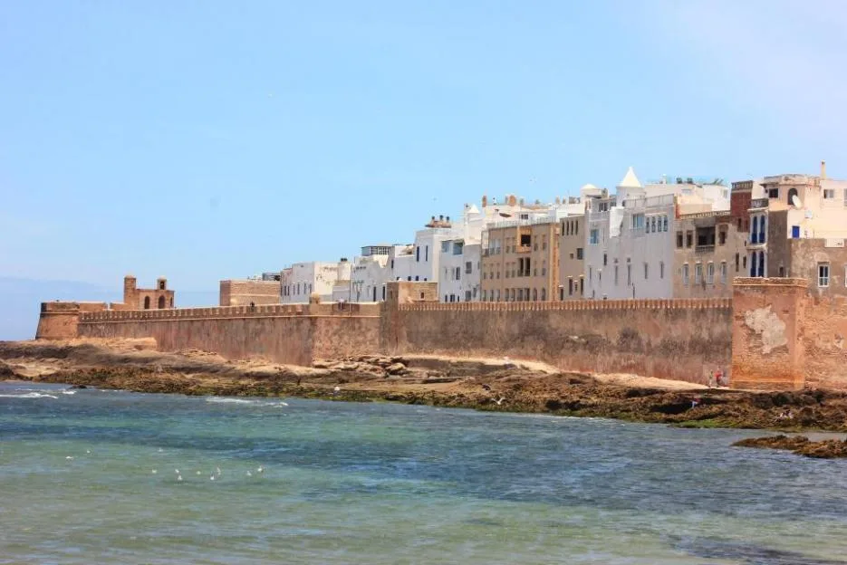 Aerial view of the old town of Essaouira in Morocco, showing fortifications along the coast.