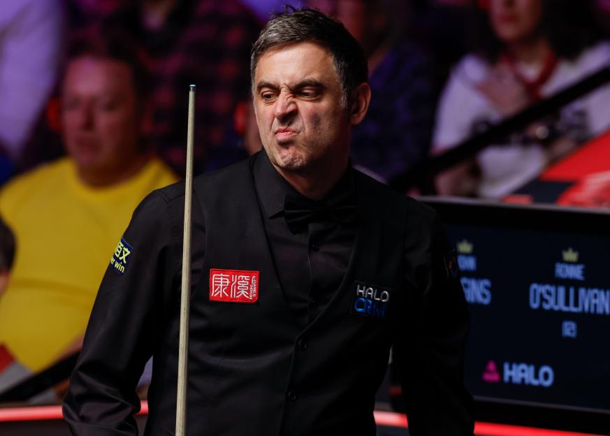 Sheffield, UK. 27th Apr, 2026. Ronnie O'Sullivan reacts during the John Higgins vs Ronnie O'Sullivan Halo World Championship 2026 match at The Crucible, Sheffield. Picture credit should read: Cody Froggatt/Sportimage Credit: Sportimage Ltd/Alamy Live