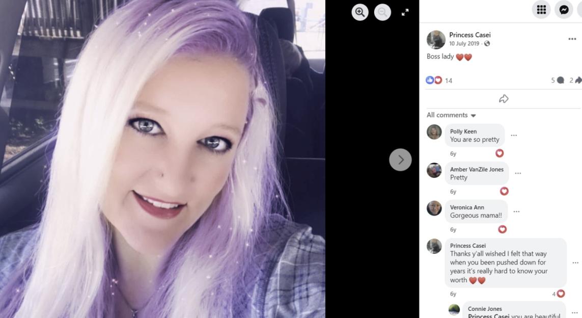 A woman with long light purple hair and a plaid shirt, smiling, next to a Facebook post.
