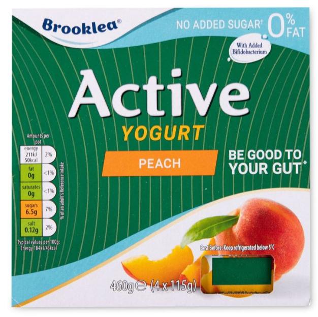 Brooklea Active Peach Yogurt, 460g (no added sugar, 0% fat).