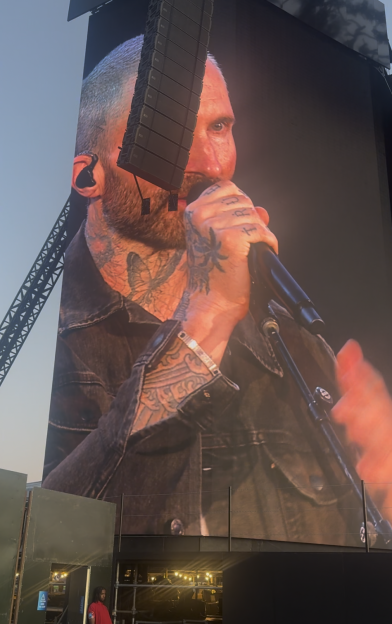 Close-up of a tattooed man in a denim jacket singing into a microphone on a large screen at a concert.