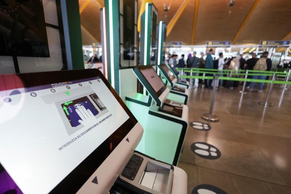 Automated European Union's Entry/Exit System (EES) kiosks at Adolfo Suarez Madrid-Barajas Airport in Madrid, Spain.