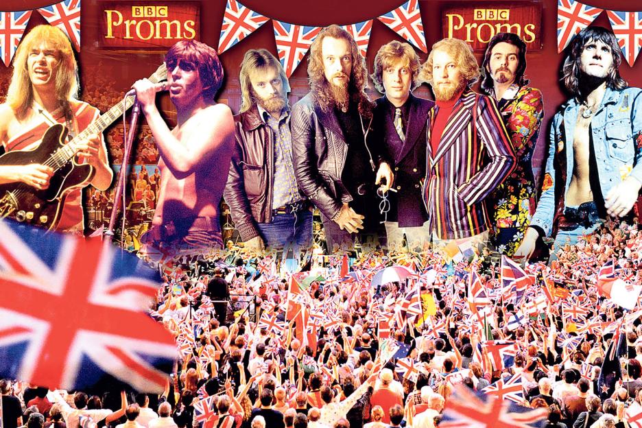 Collage of several rock musicians and a crowd holding Union Jack flags at the BBC Proms.