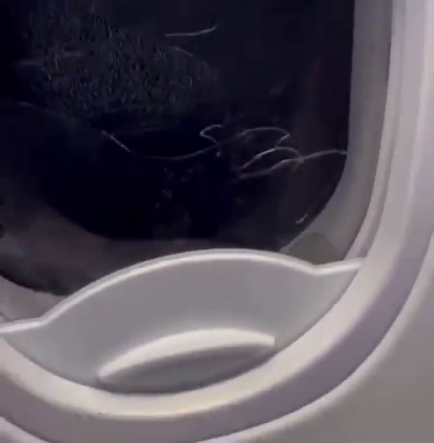 A passenger's hand attempting to open an emergency cabin door at 30,000 feet.