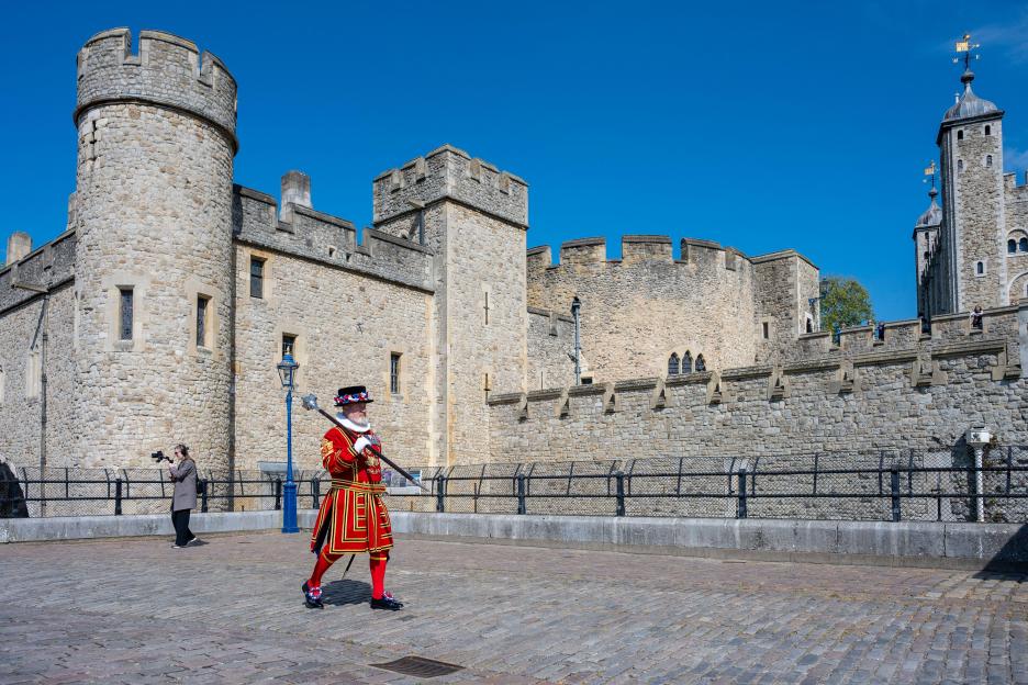 Chief Yeoman Warder leads a parade at the Tower of London.