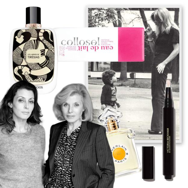 Collage of two women, a child, and various beauty products.