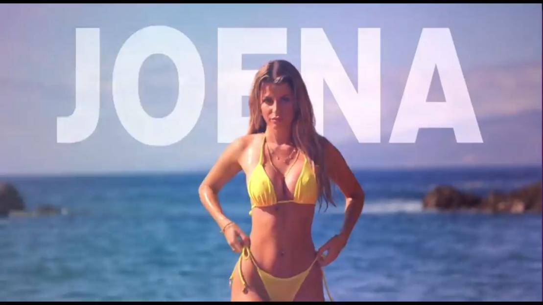 A woman in a yellow bikini posing on a beach with the name "JOENA" in white text above her.
