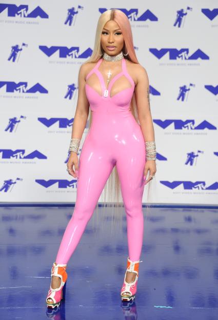 Nicki Minaj in a pink latex jumpsuit at the 2017 MTV Video Music Awards.