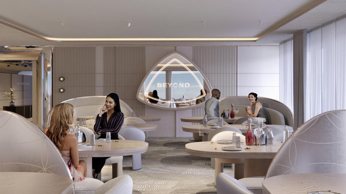 Illustration of people dining in a luxury restaurant with a "BEYOND" mirror on the wall.