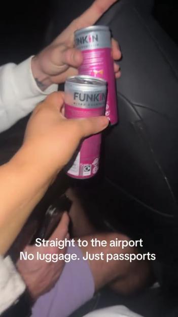 Two people holding pink Funkin Nitro Cocktails with text "Straight to the airport. No luggage. Just passports."