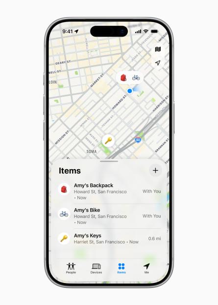 iPhone displaying the Find My app with items located on a map.