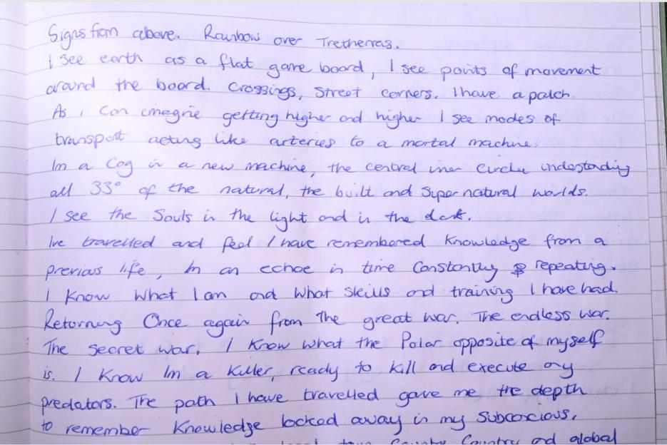 Handwritten notes by James Desborough, found in his cabin, referencing "I'm a killer, ready to kill and execute my predators."