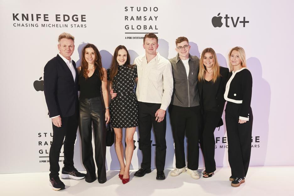 Gordon Ramsay, Tana Ramsay, Holly Ramsay, Adam Peaty, and Matilda Ramsay, along with two guests, posing for a photo at the "Night Of The Stars" event.